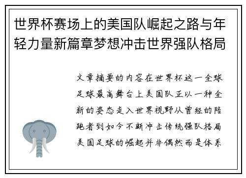 世界杯赛场上的美国队崛起之路与年轻力量新篇章梦想冲击世界强队格局
